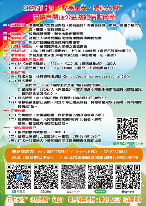「2024新北市第十屆“點亮星光、愛心永傳”關懷自閉症公益路跑」圖片